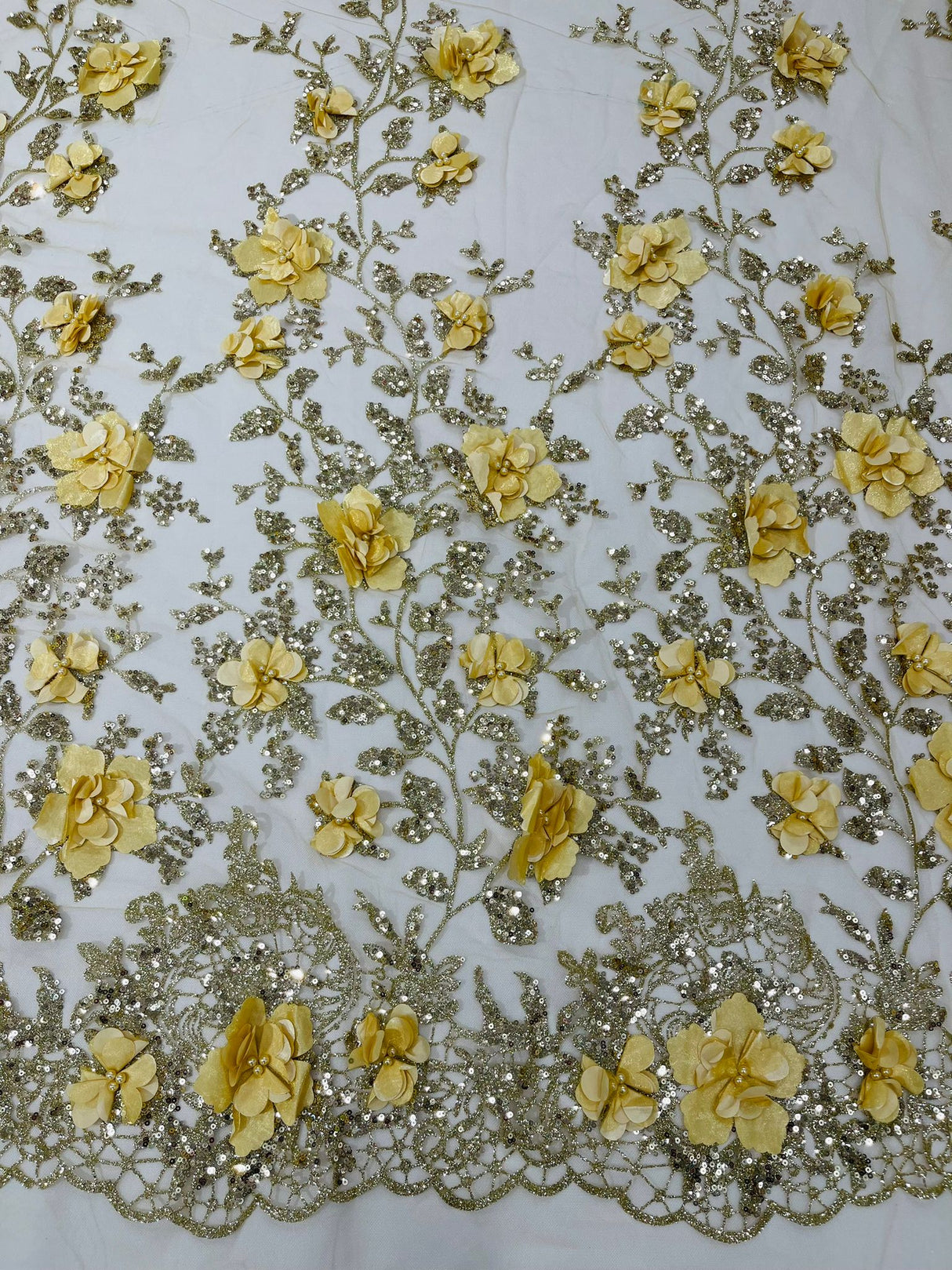 Orquidia 3D Satin Flower Glitter Lace Fabric - Fuchsia, Gold, Light Blue, Lilac, Rose Gold, Silver, 54" Width (1 Yard)