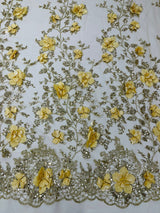 Orquidia 3D Satin Flower Glitter Lace Fabric - Fuchsia, Gold, Light Blue, Lilac, Rose Gold, Silver, 54" Width (1 Yard)