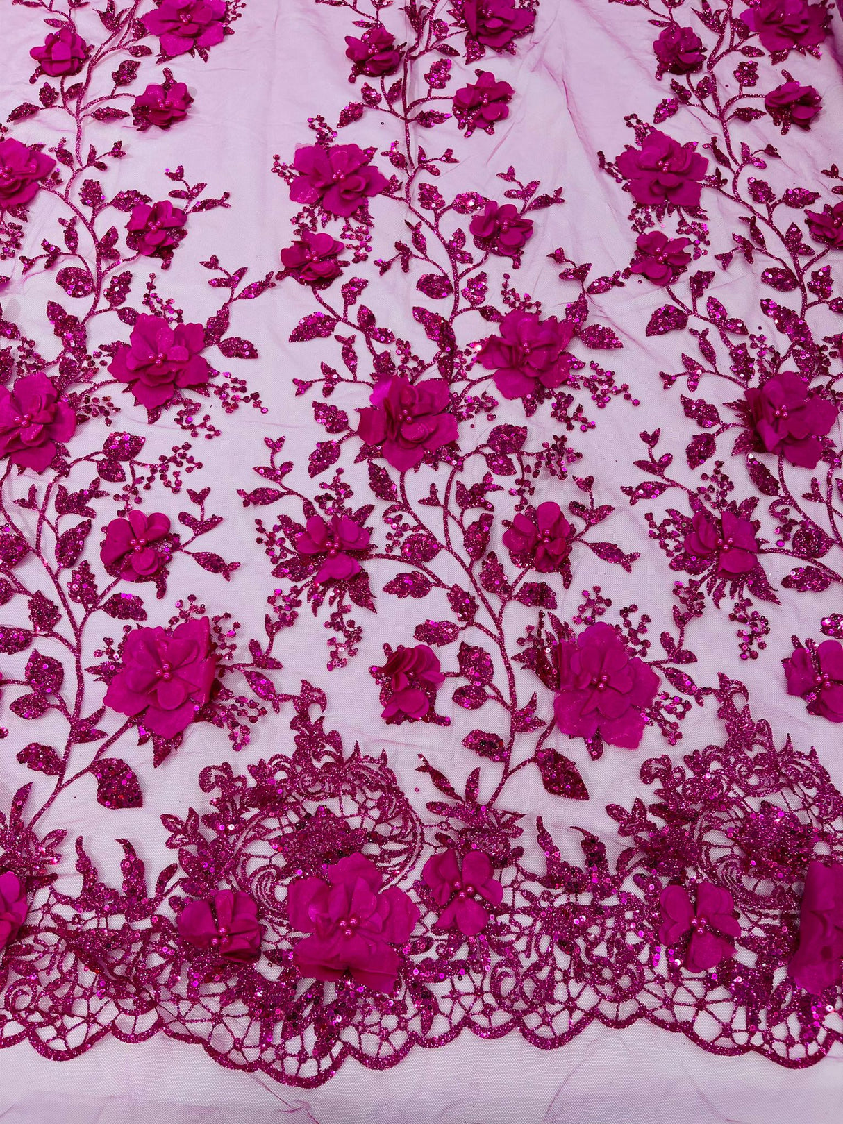 Orquidia 3D Satin Flower Glitter Lace Fabric - Fuchsia, Gold, Light Blue, Lilac, Rose Gold, Silver, 54" Width (1 Yard)