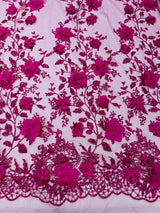 Orquidia 3D Satin Flower Glitter Lace Fabric - Fuchsia, Gold, Light Blue, Lilac, Rose Gold, Silver, 54" Width (1 Yard)