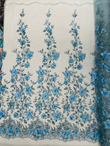 Orquidia 3D Satin Flower Glitter Lace Fabric - Fuchsia, Gold, Light Blue, Lilac, Rose Gold, Silver, 54" Width (1 Yard)