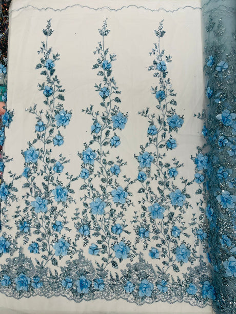 Orquidia 3D Satin Flower Glitter Lace Fabric - Fuchsia, Gold, Light Blue, Lilac, Rose Gold, Silver, 54" Width (1 Yard)