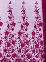 Orquidia 3D Satin Flower Glitter Lace Fabric - Fuchsia, Gold, Light Blue, Lilac, Rose Gold, Silver, 54" Width (1 Yard)