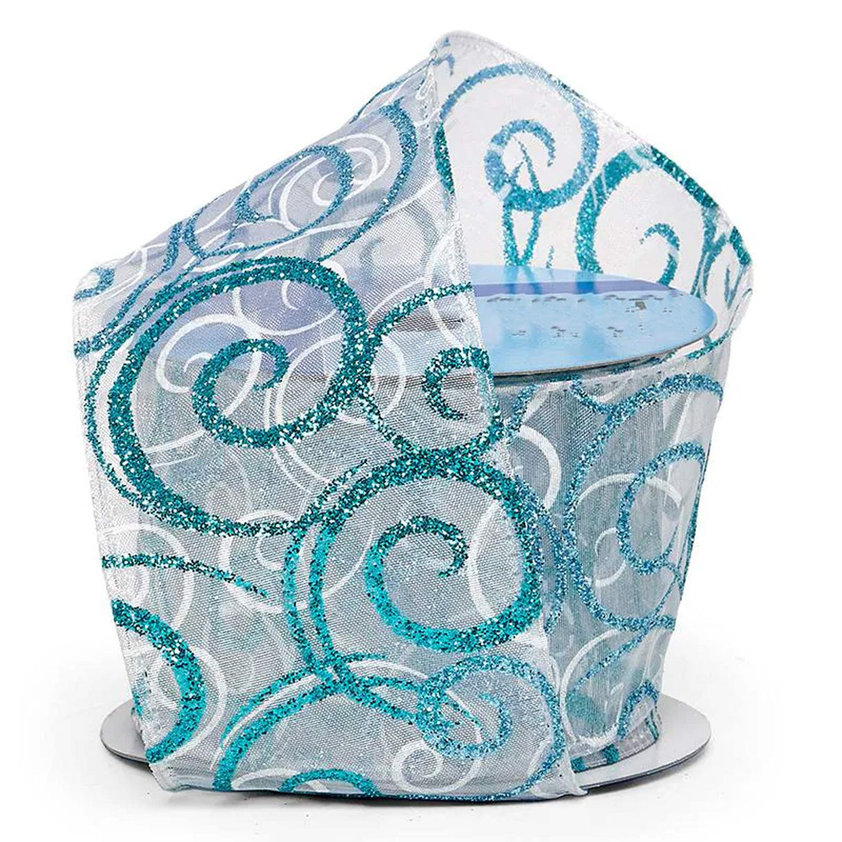 Glitter Swirls & Swipes On Wired Ribbon 2 1/2 '' X 10 yd Glitter Blue / White Swirls (Sheer) Color 1 / roll