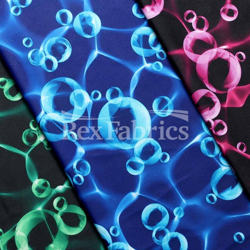 Oxygen Polyester Spandex Fabric - Blue, Green, Pink Water Bubble Print, 58-60" Width (1 Yard)