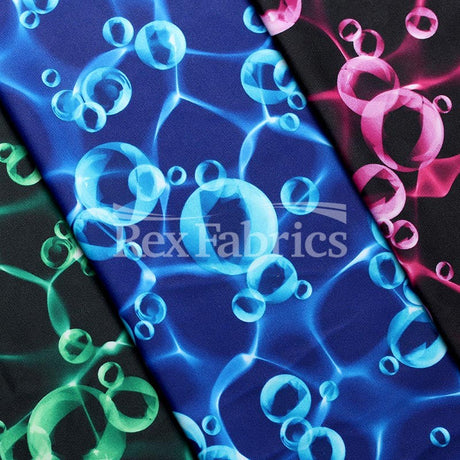 Oxygen Polyester Spandex Fabric - Blue, Green, Pink Water Bubble Print, 58-60" Width (1 Yard)