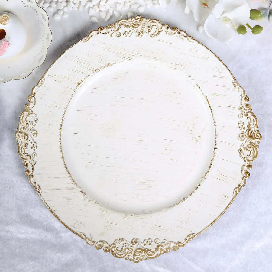 Baroque Acrylic Charger Plate 13" White Washed Gold Embossed