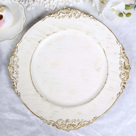 Baroque Acrylic Charger Plate 13" White Washed Gold Embossed
