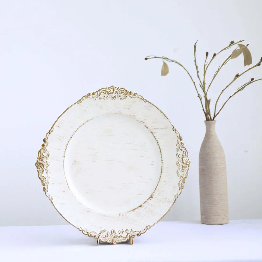 Baroque Acrylic Charger Plate 13" White Washed Gold Embossed