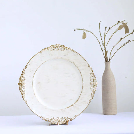 Baroque Acrylic Charger Plate 13" White Washed Gold Embossed