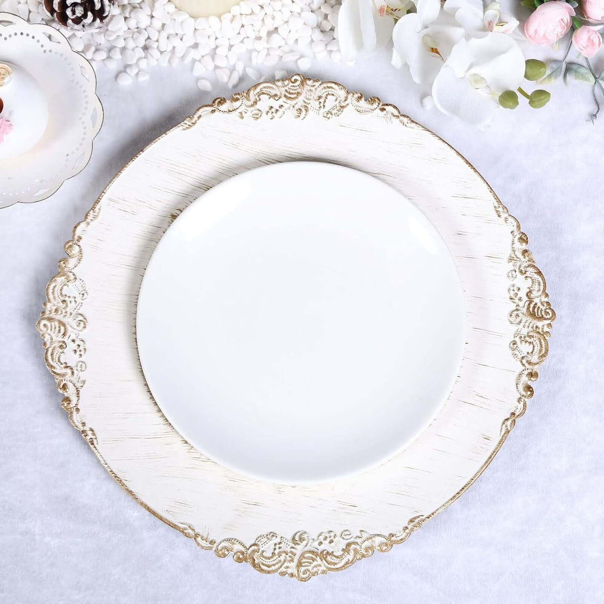 Baroque Acrylic Charger Plate 13" White Washed Gold Embossed