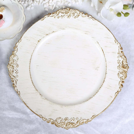 Baroque Acrylic Charger Plate 13" White Washed Gold Embossed