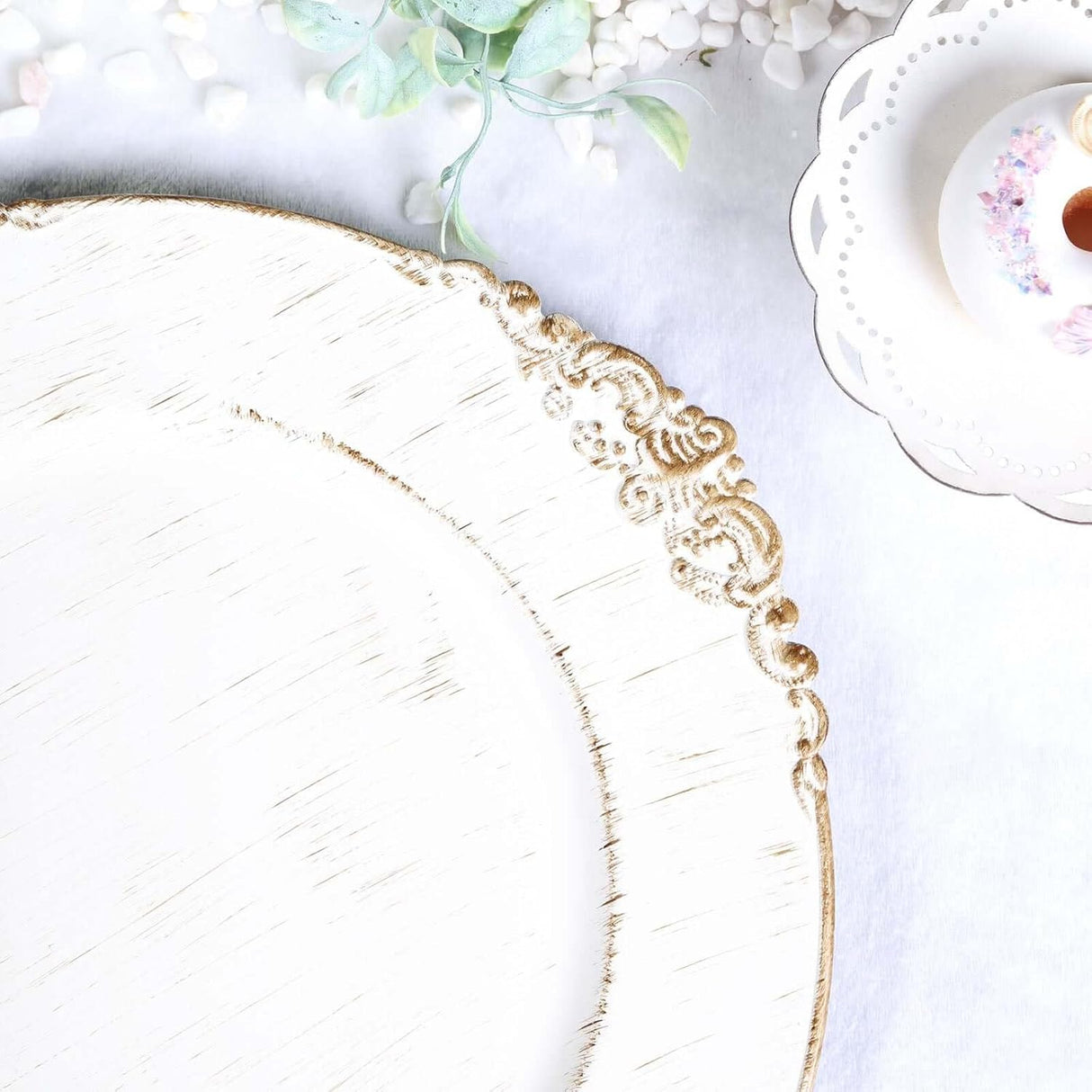 Baroque Acrylic Charger Plate 13" White Washed Gold Embossed
