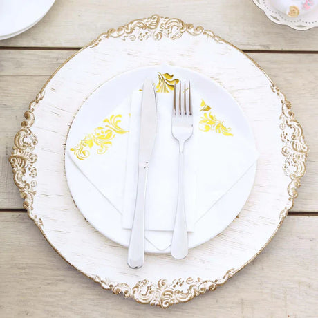 Baroque Acrylic Charger Plate 13" White Washed Gold Embossed