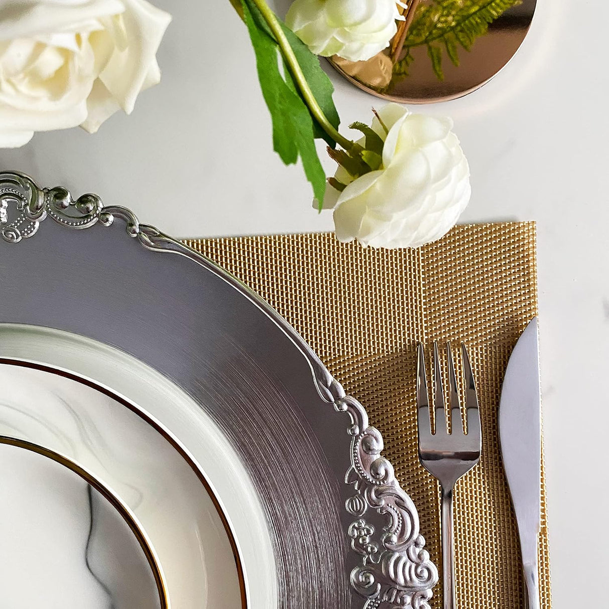 Silver Embossed Baroque Acrylic Charger Plates 13in