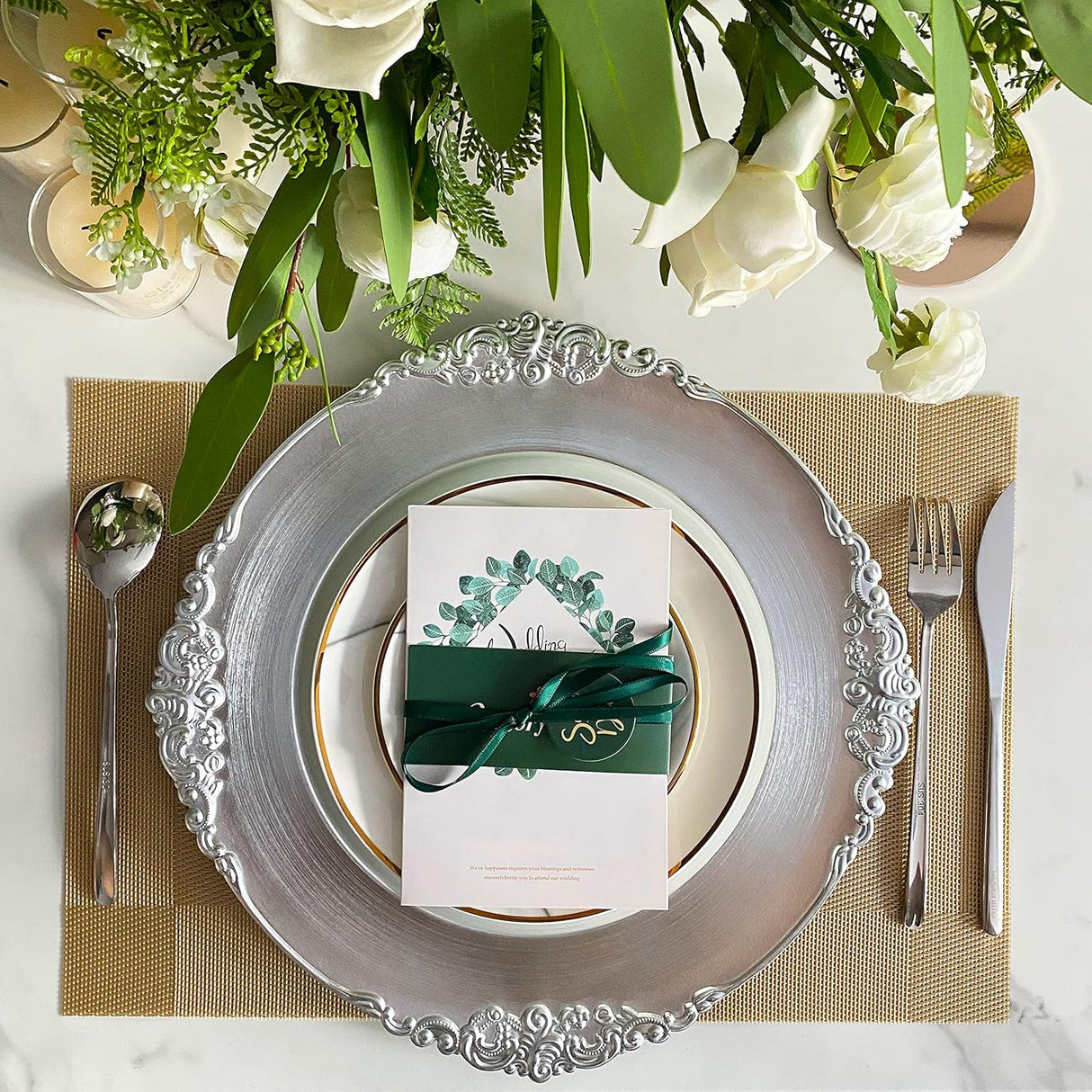 Silver Embossed Baroque Acrylic Charger Plates 13in