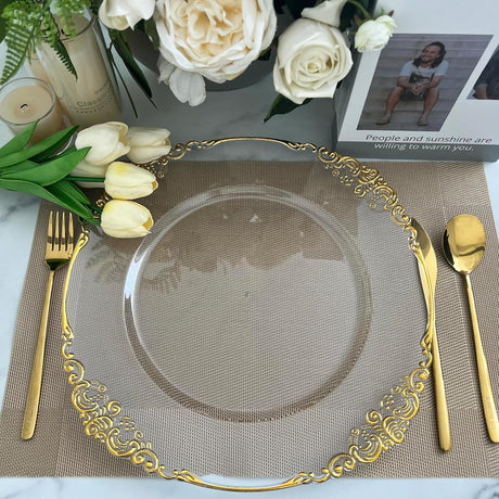 Acrylic Charger Plate 13" Clear Gold Embossed Baroque