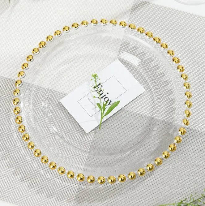 Clear Acrylic Charger Plate With Gold Beaded Rim 13"