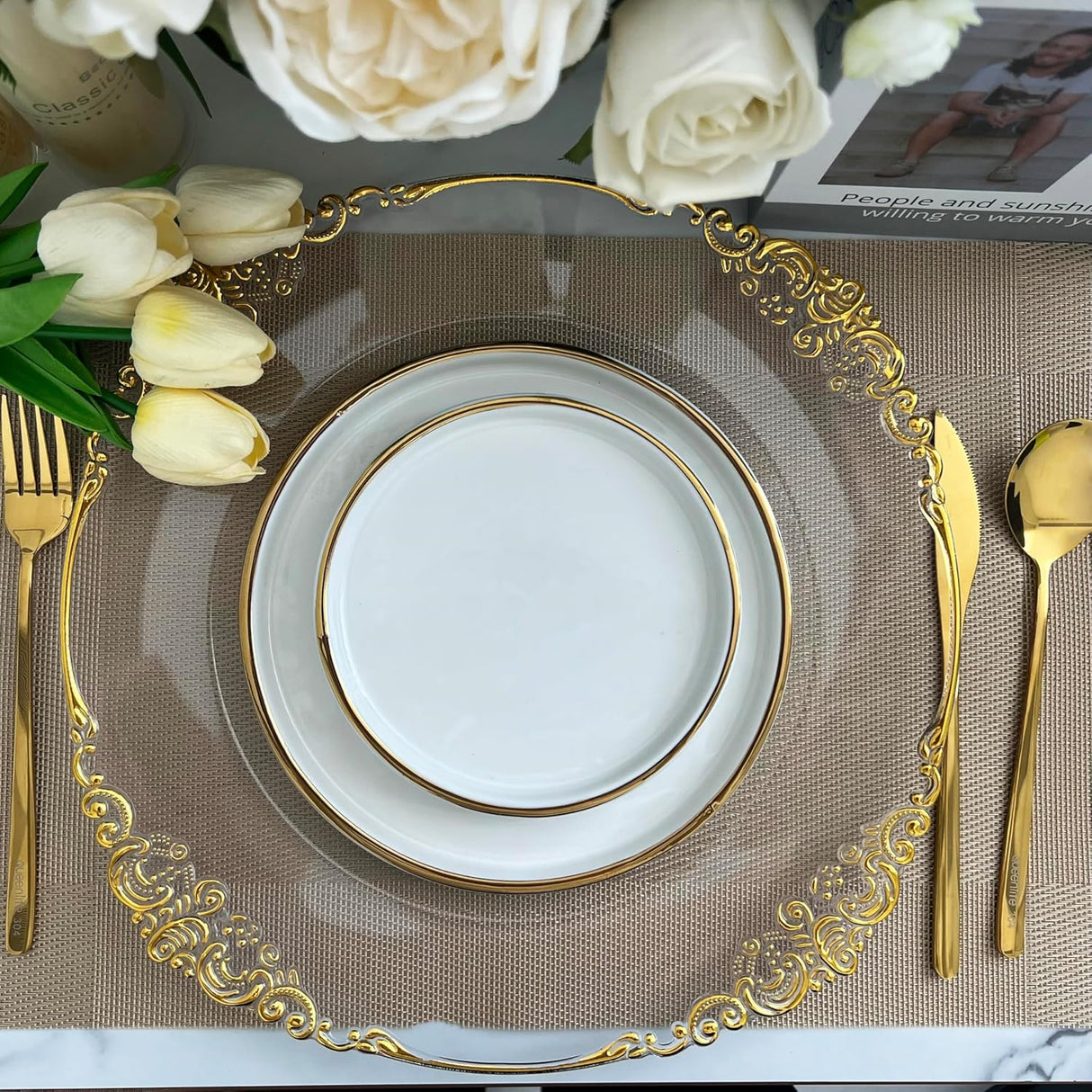 Acrylic Charger Plate 13" Clear Gold Embossed Baroque