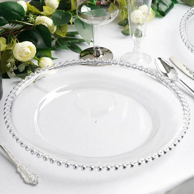Clear Acrylic Charger Plate With Silver Beaded Rim 13in