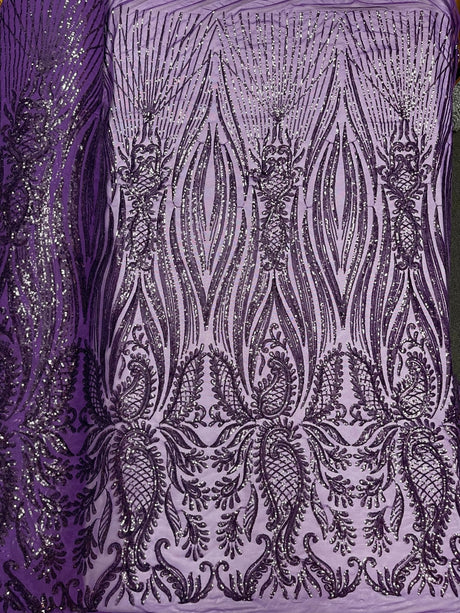 Paisley Sequin Design 4 Way Stretch Mesh Fabric - Nude Paisley Embroidered Iridescent Sequins, 48-50" Width, 36" Length (1 Yard)