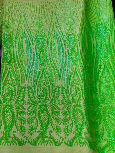Paisley Sequin Design 4 Way Stretch Mesh Fabric - Nude Paisley Embroidered Iridescent Sequins, 48-50" Width, 36" Length (1 Yard)