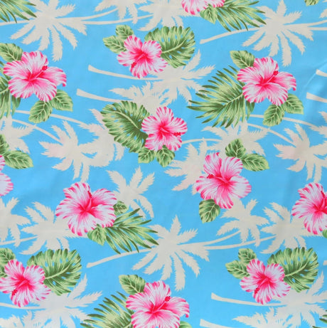 Poly Microfiber Boardshort Fabric - Palms & Hibiscus on Blue - Seconds