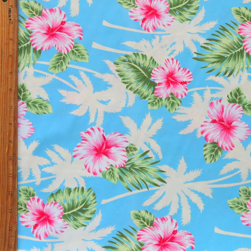 Poly Microfiber Boardshort Fabric - Palms & Hibiscus on Blue - Seconds