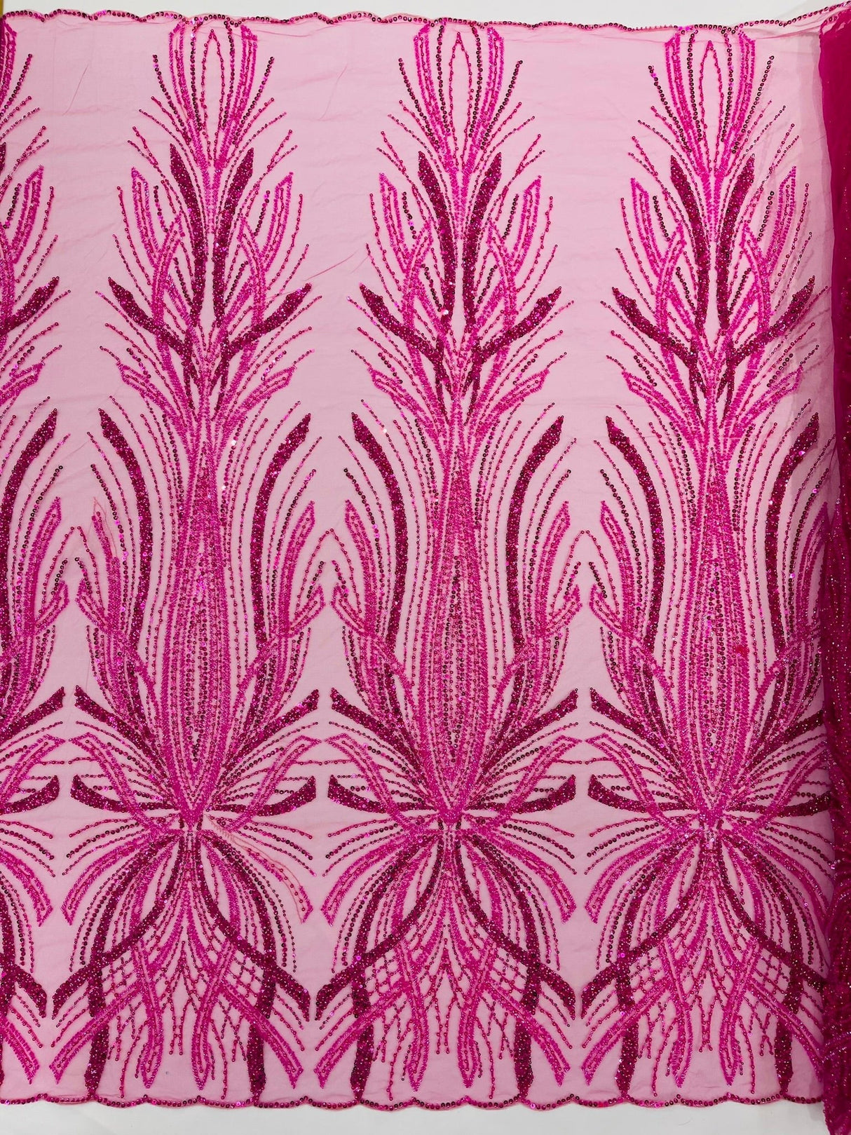 Palm Beaded Damask Design Beaded Lace Fabric - Damask Pattern With Palm Motifs, Beaded Embellishment, Sold By The Yard (1 Yard)