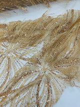 Palm Beaded Damask Design Beaded Lace Fabric - Damask Pattern With Palm Motifs, Beaded Embellishment, Sold By The Yard (1 Yard)