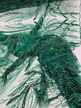 Palm Beaded Damask Design Beaded Lace Fabric - Damask Pattern With Palm Motifs, Beaded Embellishment, Sold By The Yard (1 Yard)