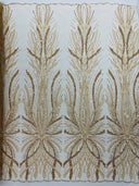 Palm Beaded Damask Design Beaded Lace Fabric - Damask Pattern With Palm Motifs, Beaded Embellishment, Sold By The Yard (1 Yard)