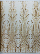 Palm Beaded Damask Design Beaded Lace Fabric - Damask Pattern With Palm Motifs, Beaded Embellishment, Sold By The Yard (1 Yard)