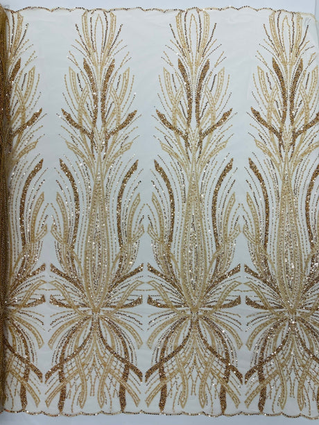 Palm Beaded Damask Design Beaded Lace Fabric - Damask Pattern With Palm Motifs, Beaded Embellishment, Sold By The Yard (1 Yard)