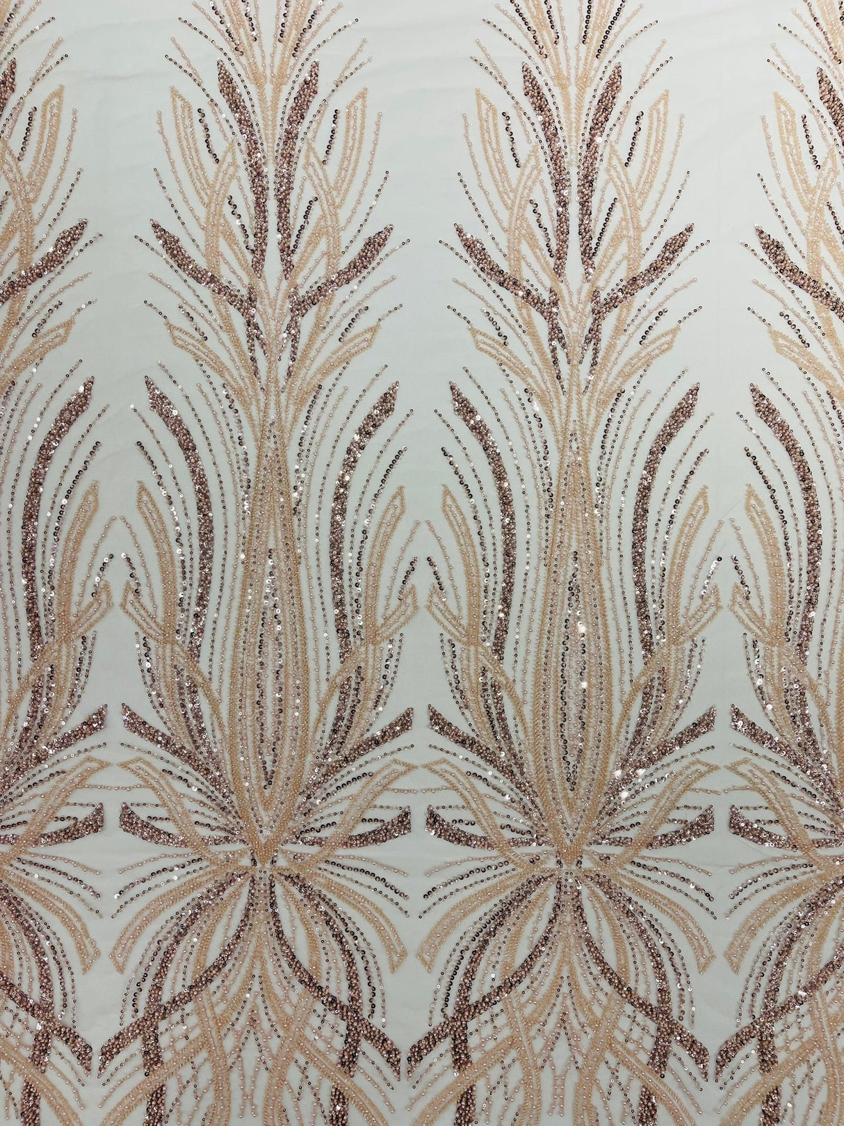 Palm Beaded Damask Design Beaded Lace Fabric - Damask Pattern With Palm Motifs, Beaded Embellishment, Sold By The Yard (1 Yard)