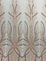 Palm Beaded Damask Design Beaded Lace Fabric - Damask Pattern With Palm Motifs, Beaded Embellishment, Sold By The Yard (1 Yard)