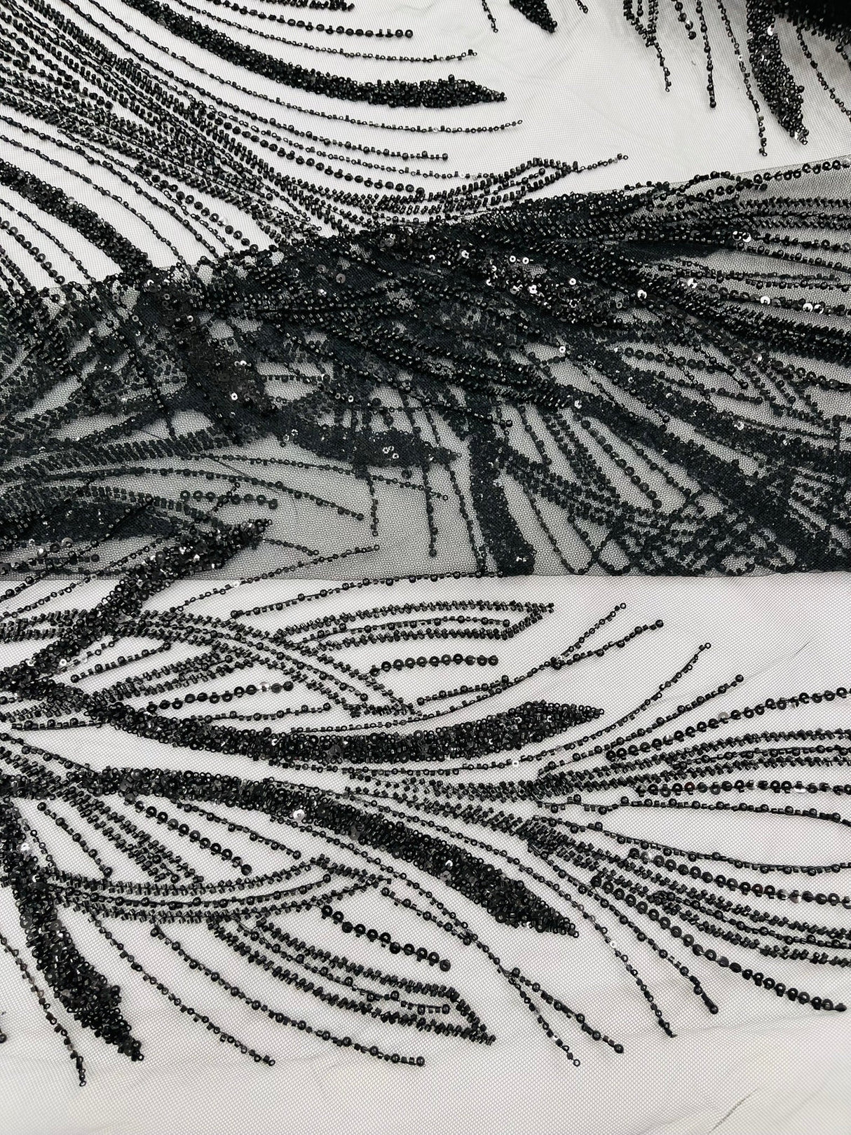 Palm Beaded Damask Design Beaded Lace Fabric - Damask Pattern With Palm Motifs, Beaded Embellishment, Sold By The Yard (1 Yard)