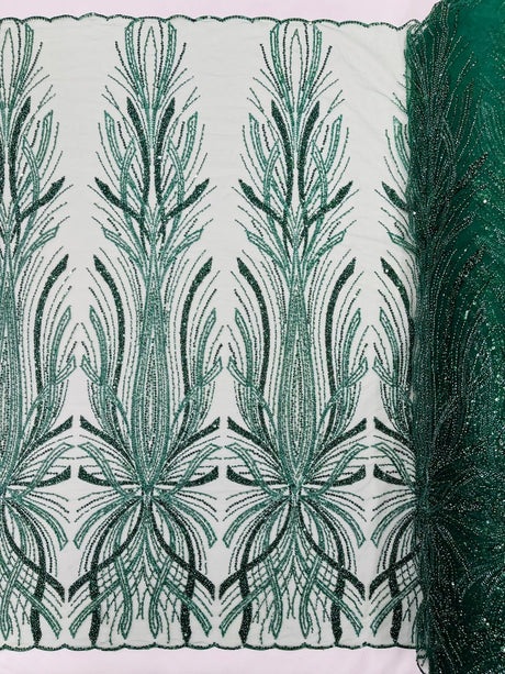 Palm Beaded Damask Design Beaded Lace Fabric - Damask Pattern With Palm Motifs, Beaded Embellishment, Sold By The Yard (1 Yard)