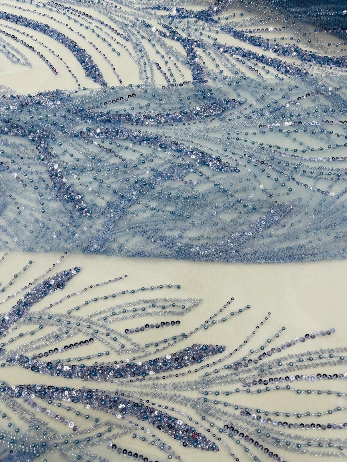 Palm Beaded Damask Design Beaded Lace Fabric - Damask Pattern With Palm Motifs, Beaded Embellishment, Sold By The Yard (1 Yard)