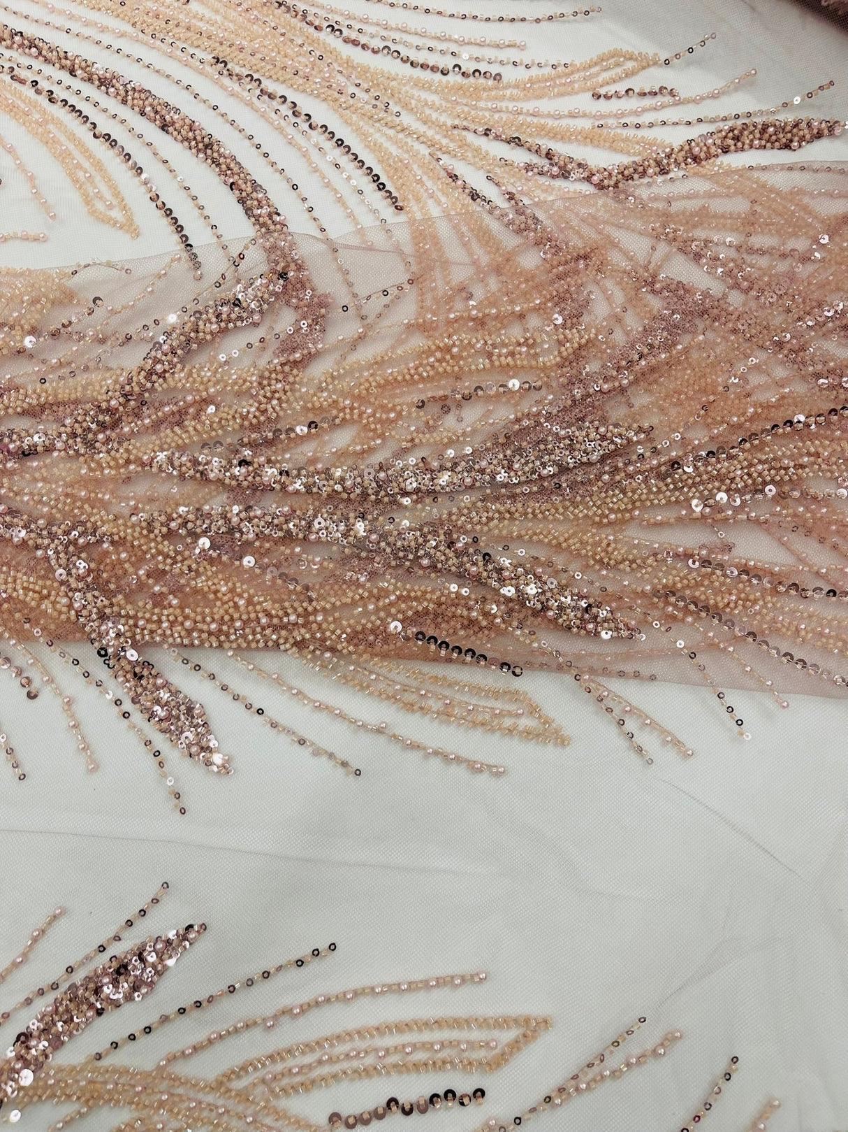 Palm Beaded Damask Design Beaded Lace Fabric - Damask Pattern With Palm Motifs, Beaded Embellishment, Sold By The Yard (1 Yard)
