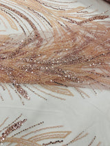 Palm Beaded Damask Design Beaded Lace Fabric - Damask Pattern With Palm Motifs, Beaded Embellishment, Sold By The Yard (1 Yard)
