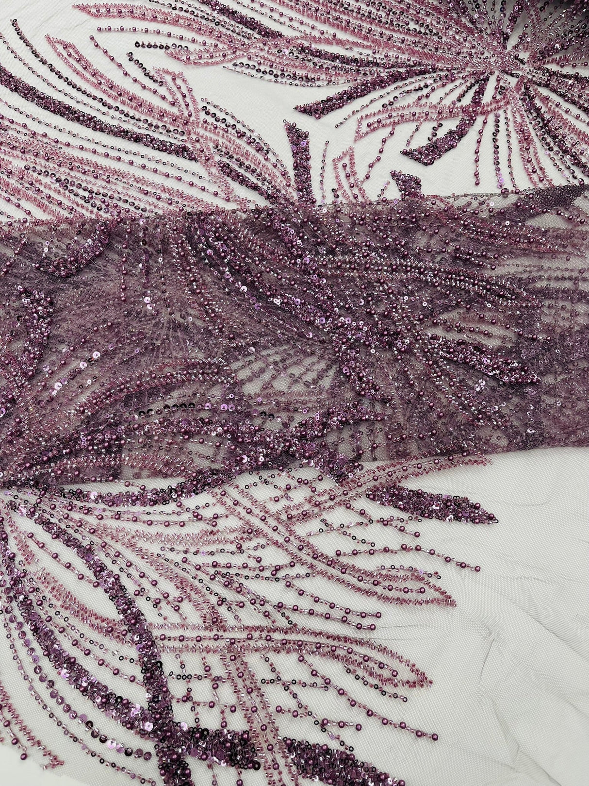 Palm Beaded Damask Design Beaded Lace Fabric - Damask Pattern With Palm Motifs, Beaded Embellishment, Sold By The Yard (1 Yard)