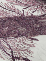 Palm Beaded Damask Design Beaded Lace Fabric - Damask Pattern With Palm Motifs, Beaded Embellishment, Sold By The Yard (1 Yard)
