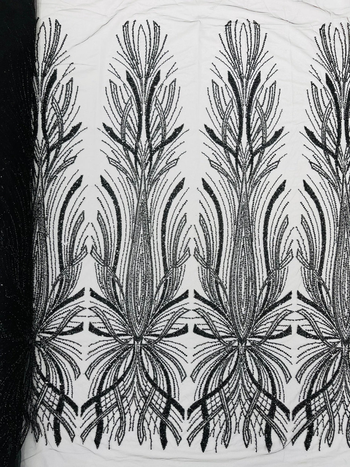 Palm Beaded Damask Design Beaded Lace Fabric - Damask Pattern With Palm Motifs, Beaded Embellishment, Sold By The Yard (1 Yard)