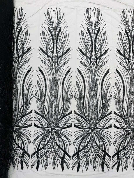 Palm Beaded Damask Design Beaded Lace Fabric - Damask Pattern With Palm Motifs, Beaded Embellishment, Sold By The Yard (1 Yard)