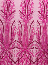 Palm Beaded Damask Design Beaded Lace Fabric - Damask Pattern With Palm Motifs, Beaded Embellishment, Sold By The Yard (1 Yard)