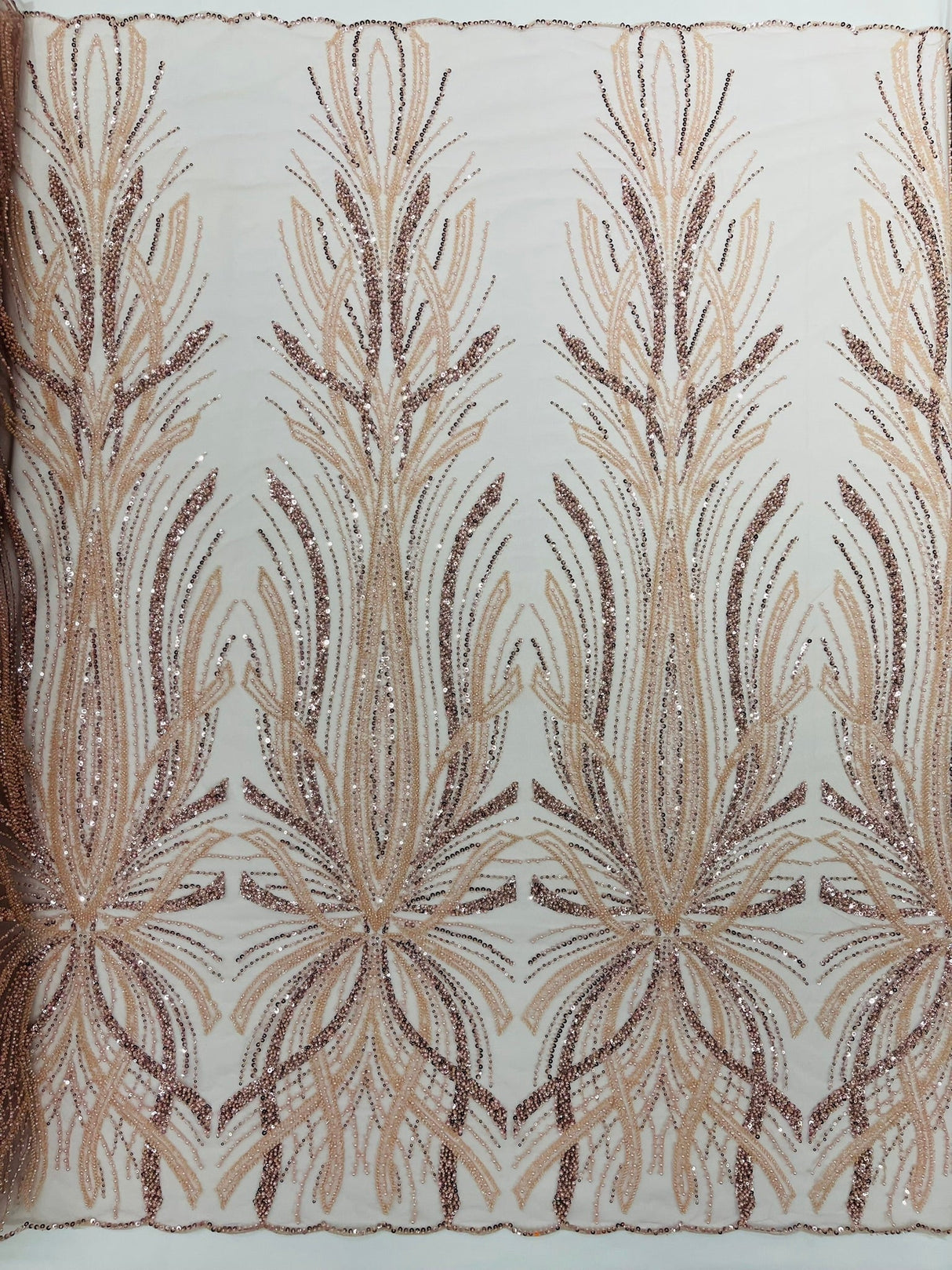 Palm Beaded Damask Design Beaded Lace Fabric - Damask Pattern With Palm Motifs, Beaded Embellishment, Sold By The Yard (1 Yard)