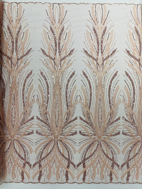 Palm Beaded Damask Design Beaded Lace Fabric - Damask Pattern With Palm Motifs, Beaded Embellishment, Sold By The Yard (1 Yard)