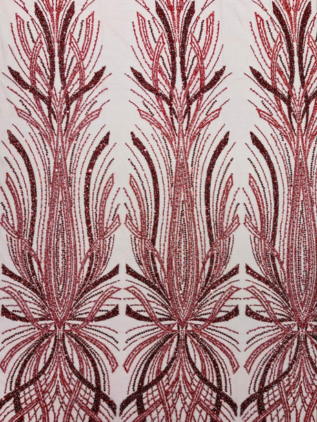 Palm Beaded Damask Design Beaded Lace Fabric - Damask Pattern With Palm Motifs, Beaded Embellishment, Sold By The Yard (1 Yard)