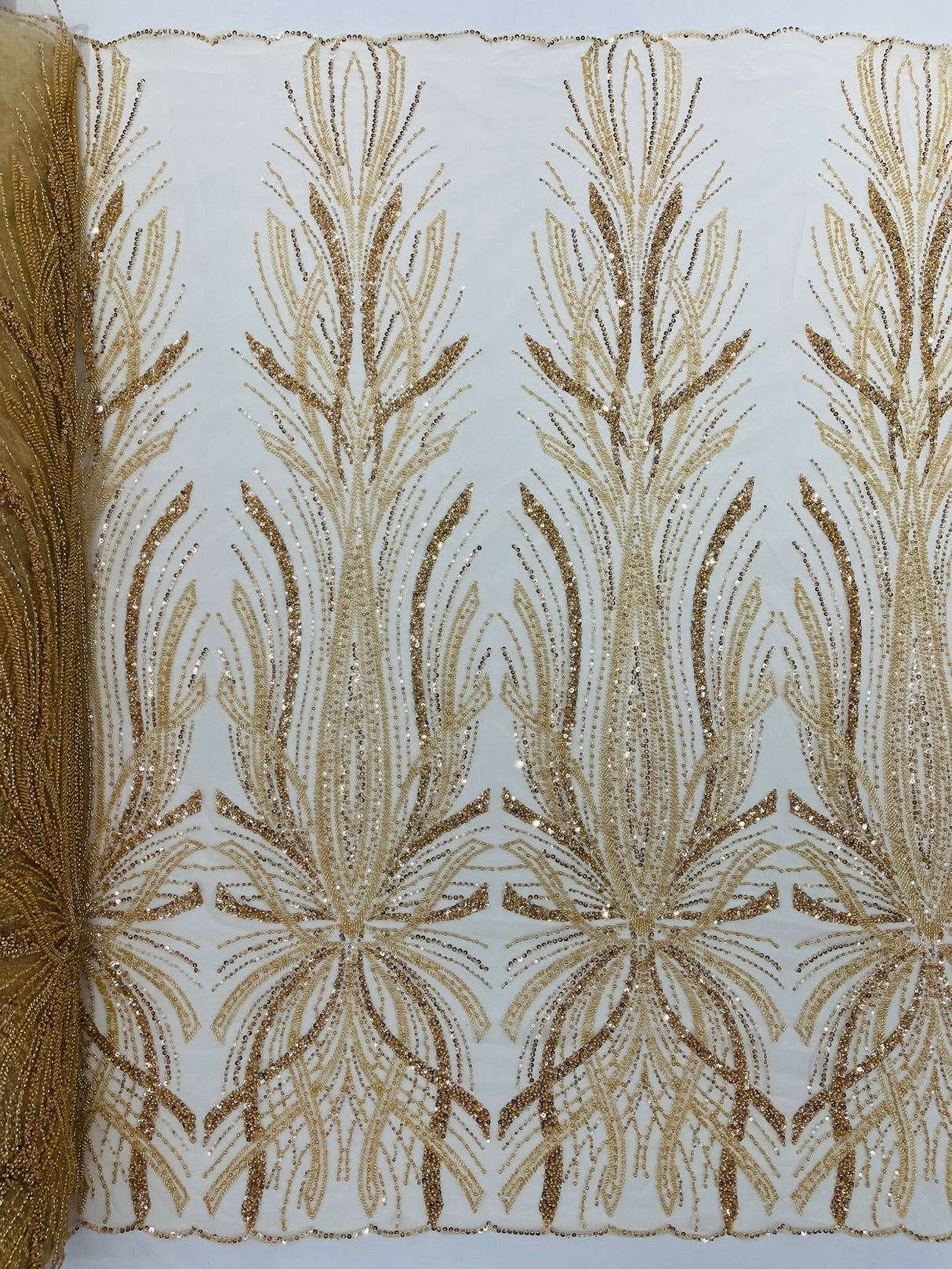 Palm Beaded Damask Design Beaded Lace Fabric - Damask Pattern With Palm Motifs, Beaded Embellishment, Sold By The Yard (1 Yard)